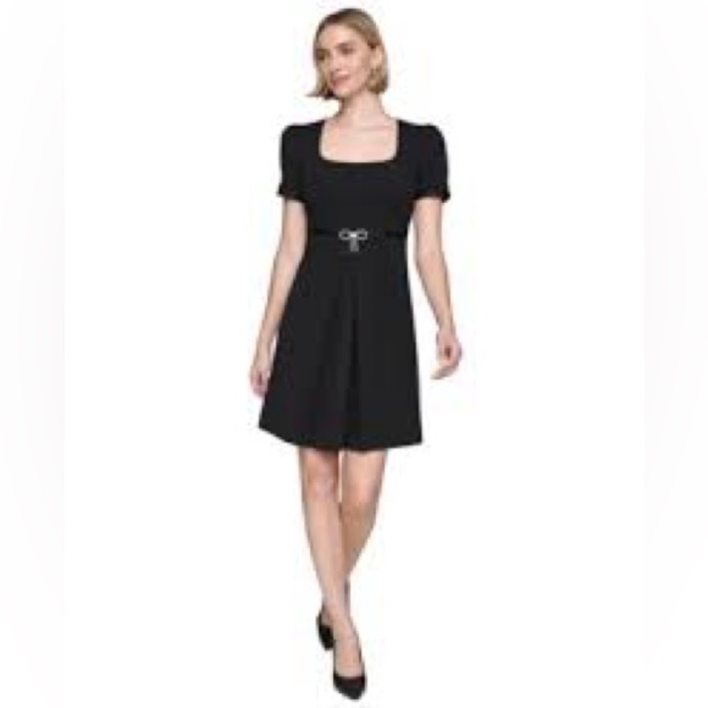 NEW KARL LAGERFELD PARIS $148 4 Women's Rhinestone-Bow Square-Neck Dress black